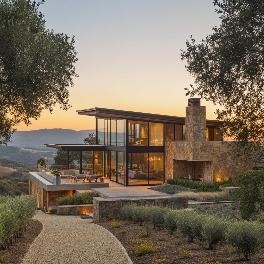 an image of a wine country home that is integrated into the landscape